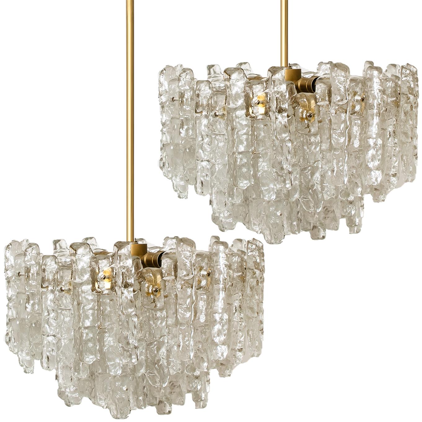 Pair of Large Modern Three-Tiered Brass Ice Glass Chandeliers by J.T. Kalmar For Sale 6