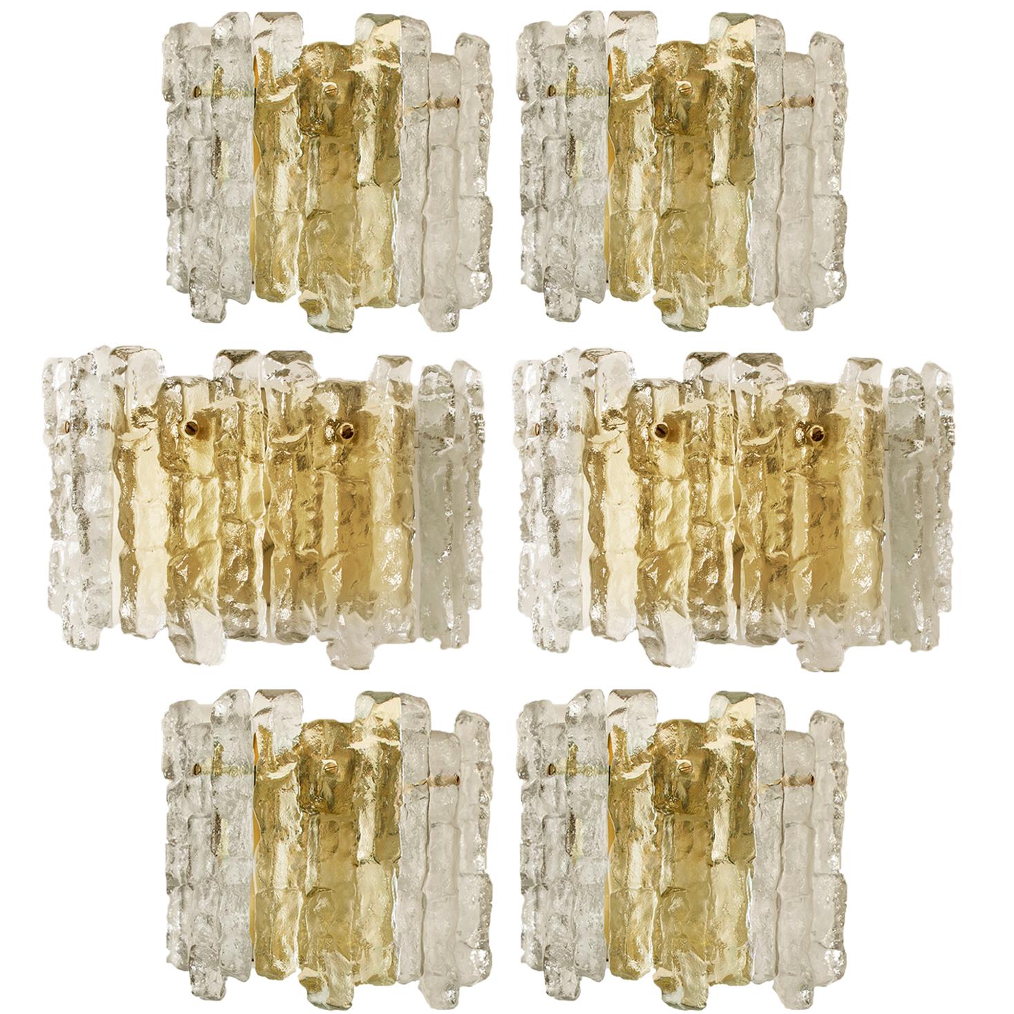 Pair of Large Modern Three-Tiered Brass Ice Glass Chandeliers by J.T. Kalmar 8