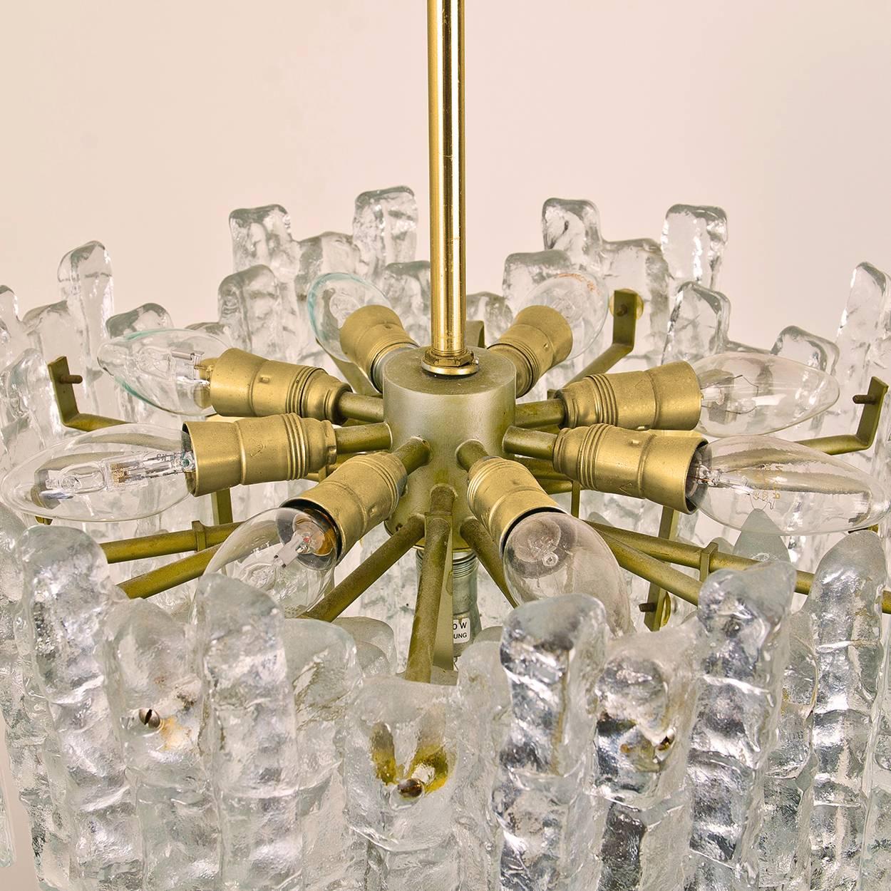 Austrian Pair of Large Modern Three-Tiered Brass Ice Glass Chandeliers by J.T. Kalmar