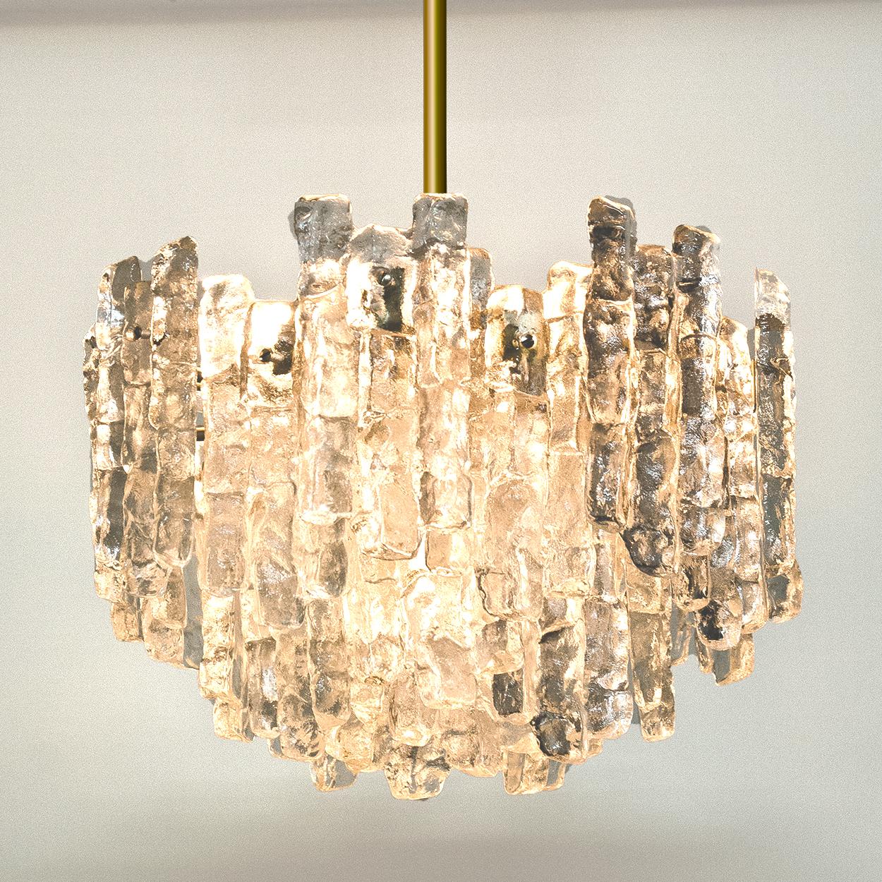 Pair of Large Modern Three-Tiered Brass Ice Glass Chandeliers by J.T. Kalmar 1