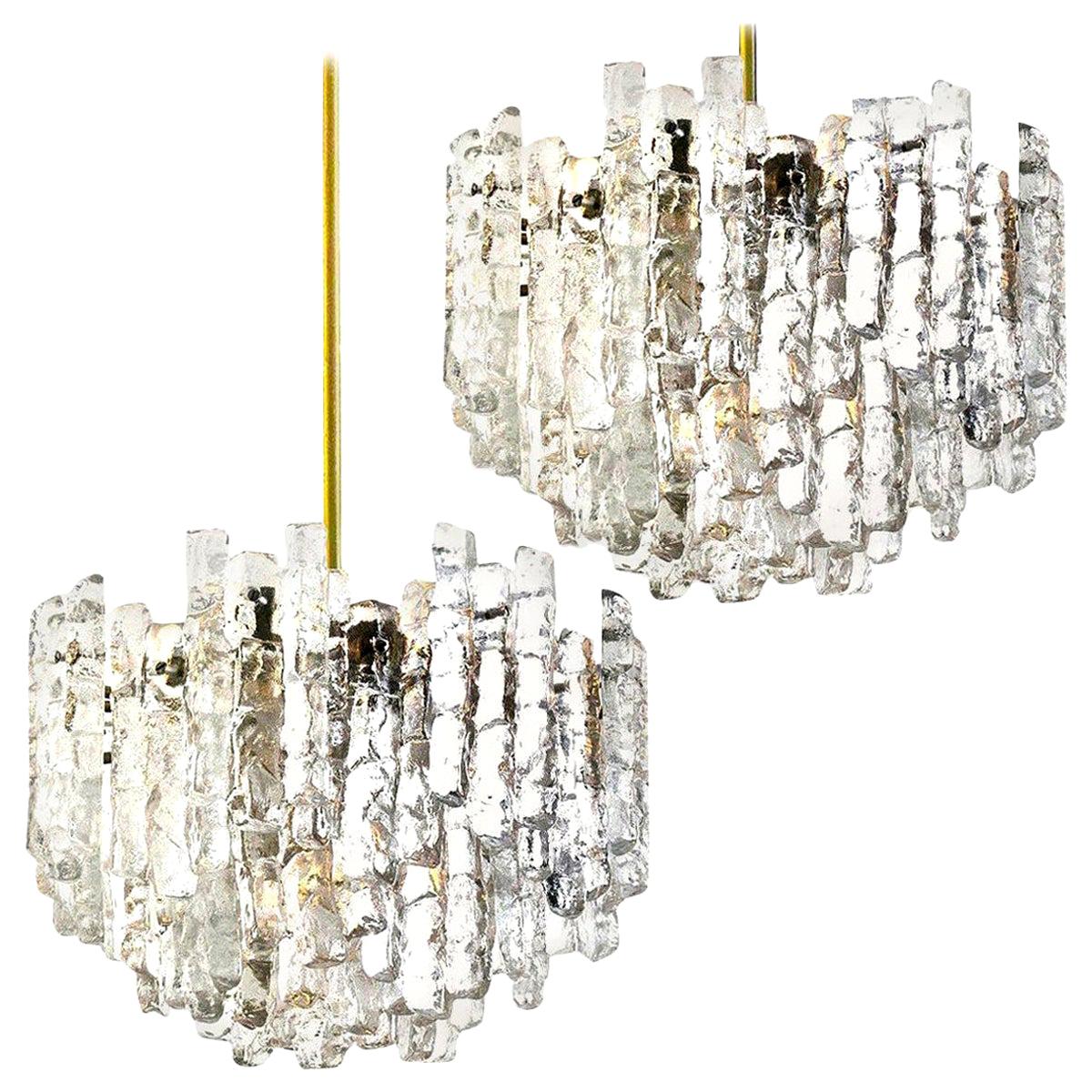 Pair of Large Modern Three-Tiered Brass Ice Glass Chandeliers by J.T. Kalmar