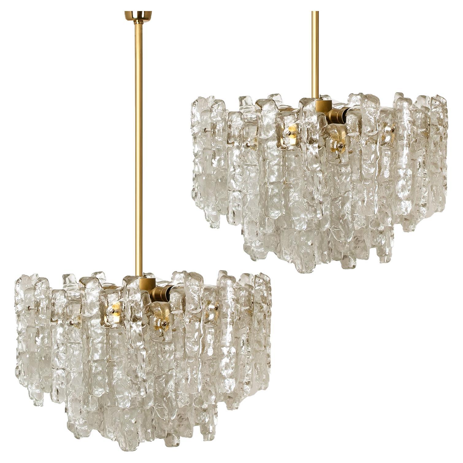 Pair of Large Modern Three-Tiered Brass Ice Glass Chandeliers by J.T. Kalmar For Sale