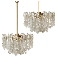 Pair of Large Modern Three-Tiered Brass Ice Glass Chandeliers by J.T. Kalmar