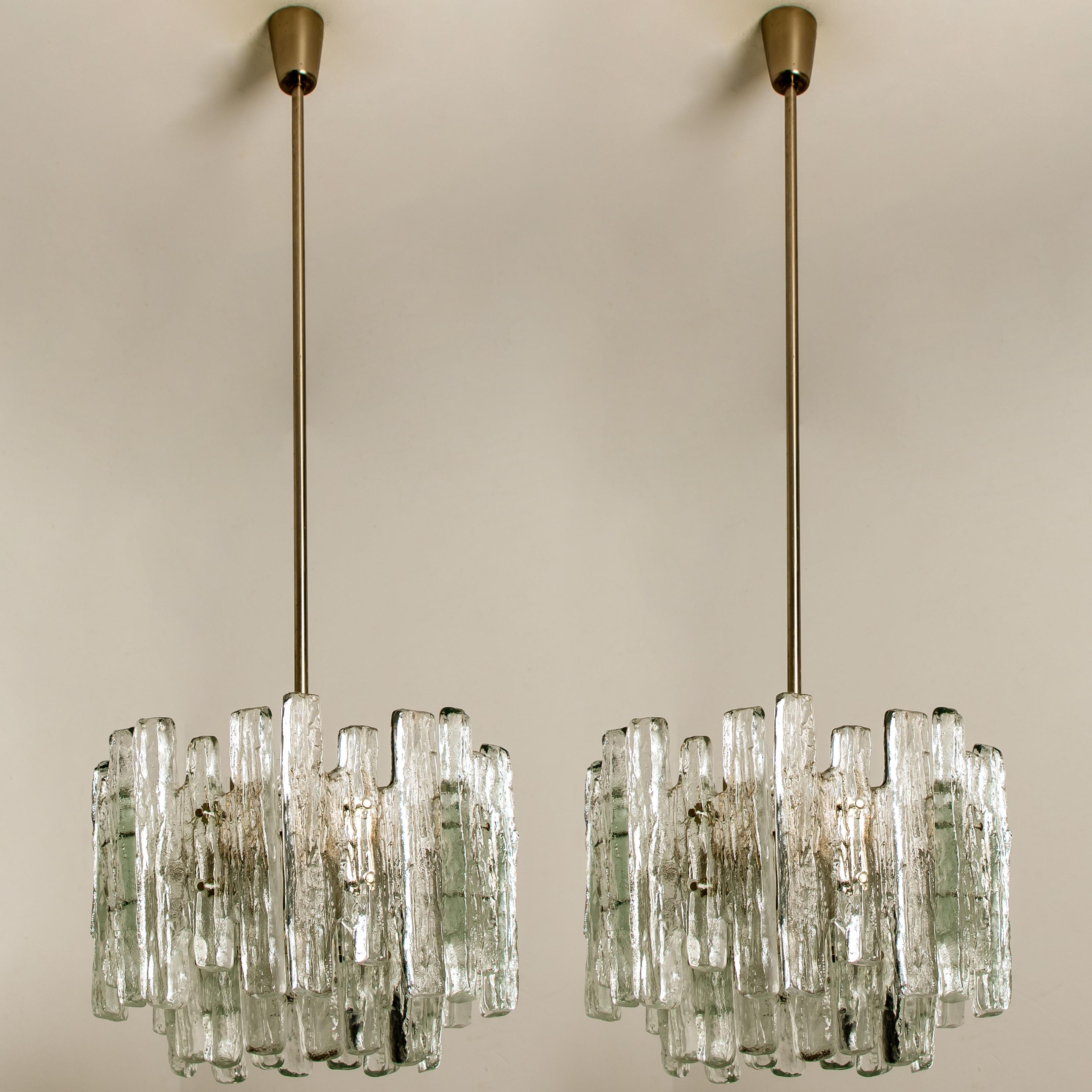 Pair of Large Modern Three-Tiered Chrome Ice Glass Chandeliers by J.T. Kalmar In Good Condition For Sale In Rijssen, NL