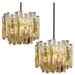 Used Pair of Large Modern Three-Tiered Chrome Ice Glass Chandeliers by J.T. Kalmar