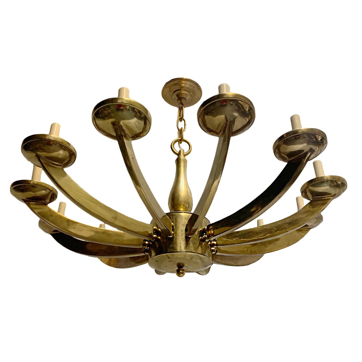 Mid-20th Century Pair of Large Moderne Bronze Chandeliers, Sold Individually For Sale