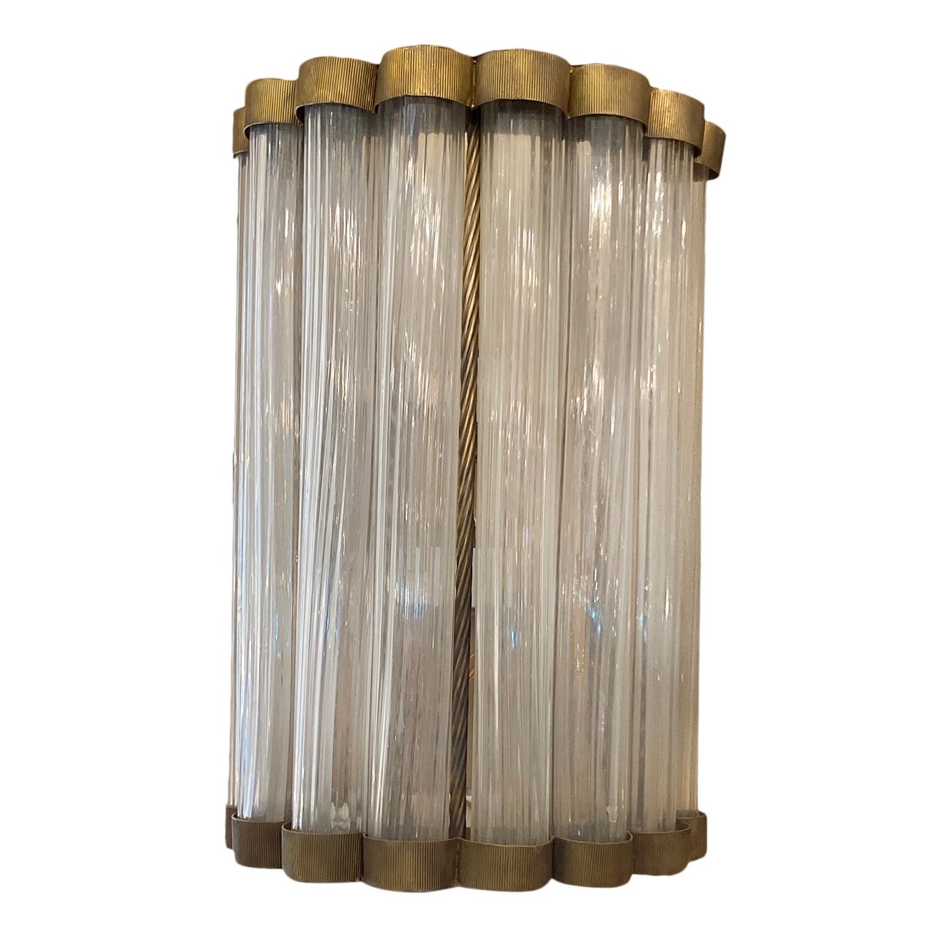 A pair of circa 1940s Italian glass sconces with interior lights.
Measurements:
Height 20