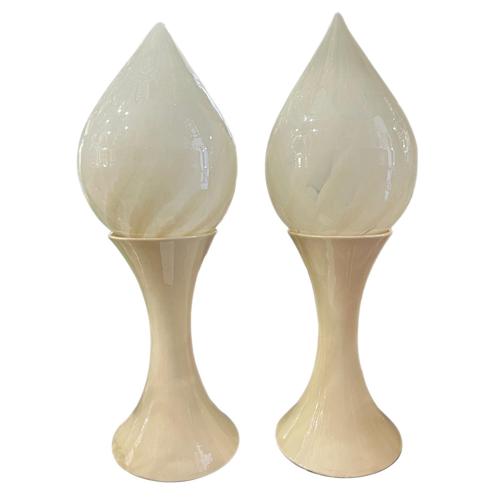 Pair of Large Moderne Lamps with Opaline Shades For Sale