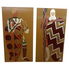 Pair of Large Modernist Medieval Gold Leaf Paintings of Knights, 1960's