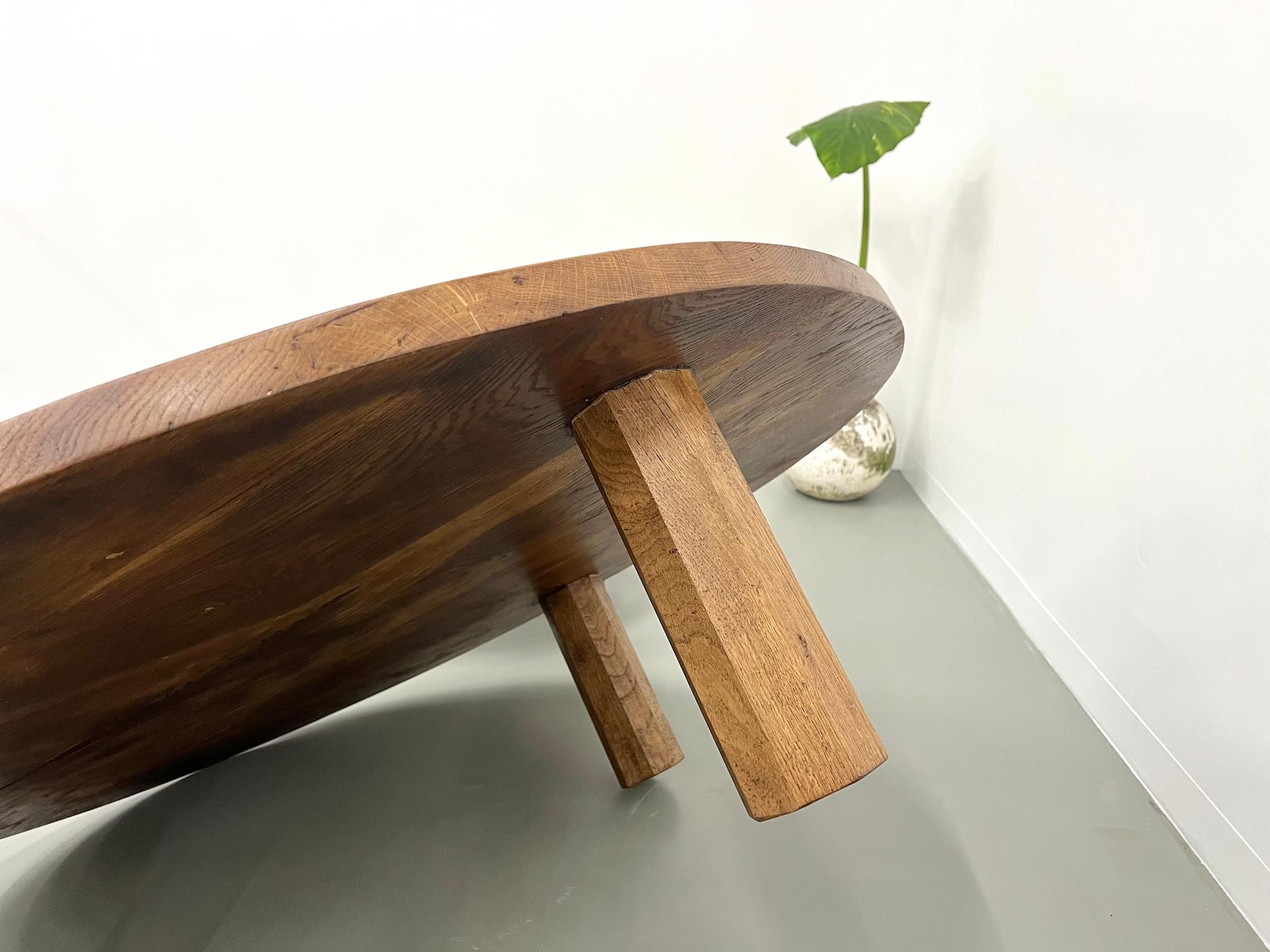 Pair of large modernist tripod french coffee tables in oak For Sale 9