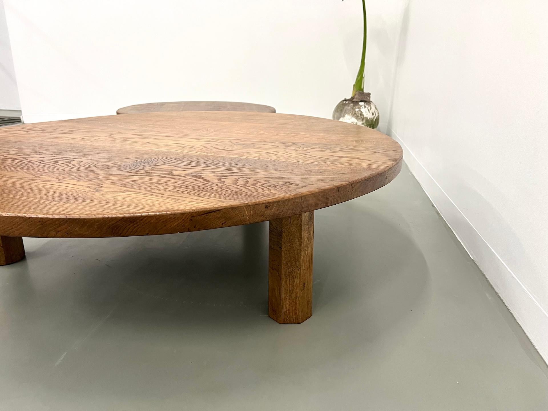 Pair of large modernist tripod french coffee tables in oak For Sale 12