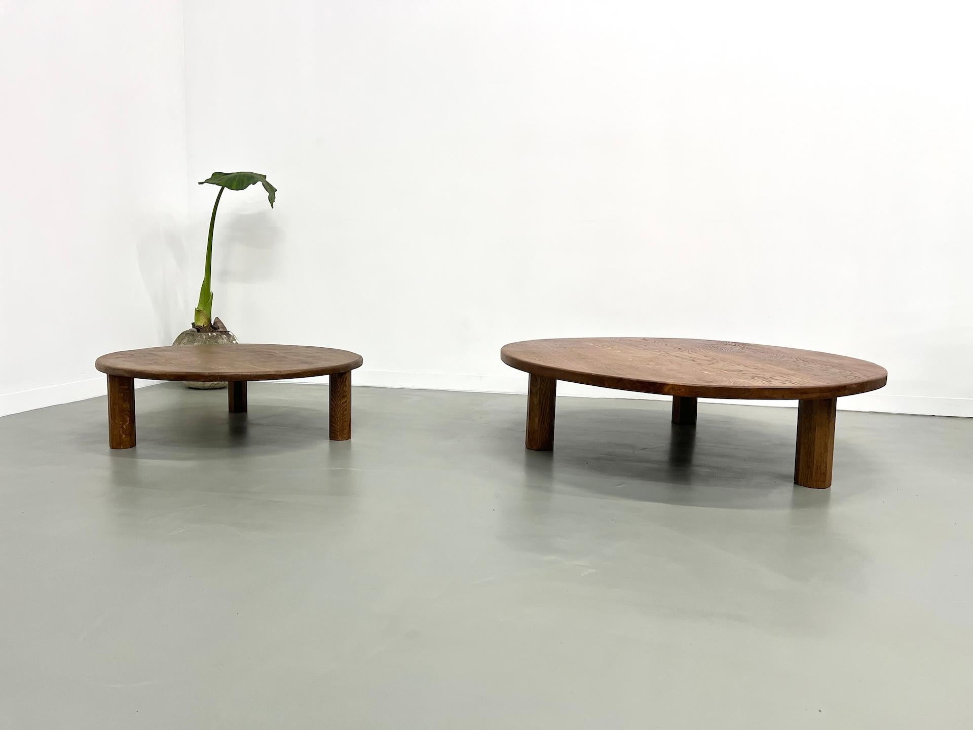Pair of large modernist tripod french coffee tables in oak For Sale 13