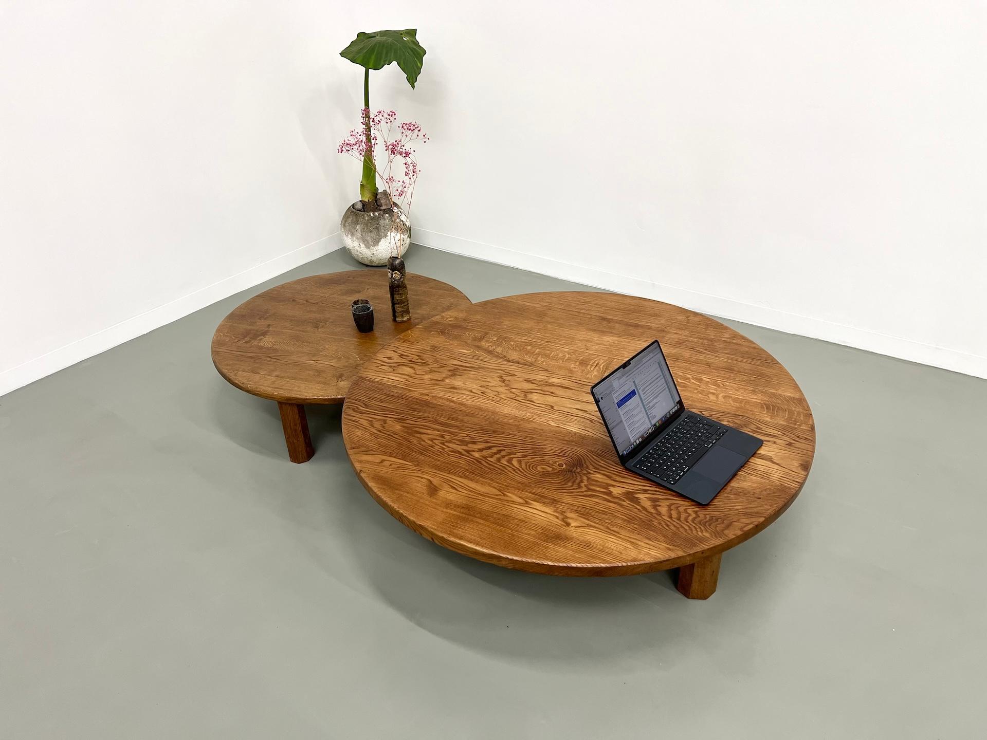 Mid-Century Modern Pair of large modernist tripod french coffee tables in oak For Sale
