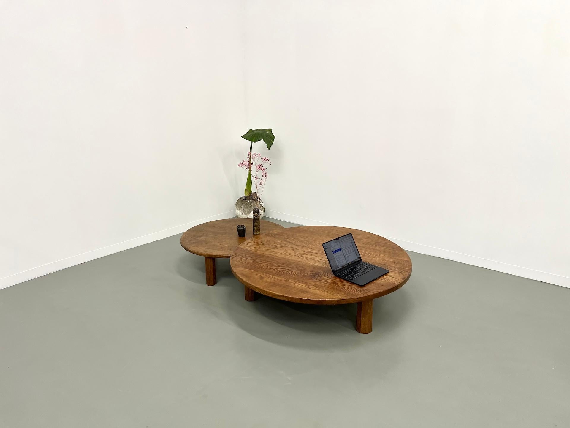 French Pair of large modernist tripod french coffee tables in oak For Sale