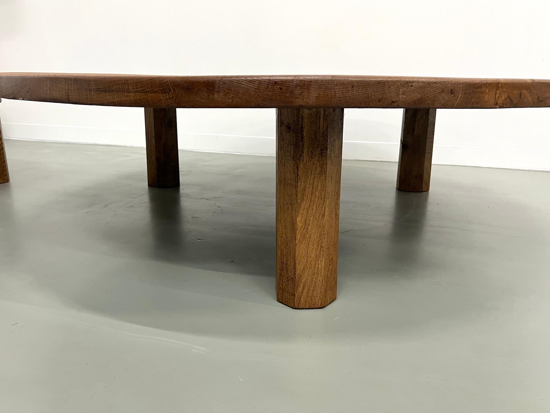 Pair of large modernist tripod french coffee tables in oak For Sale 1