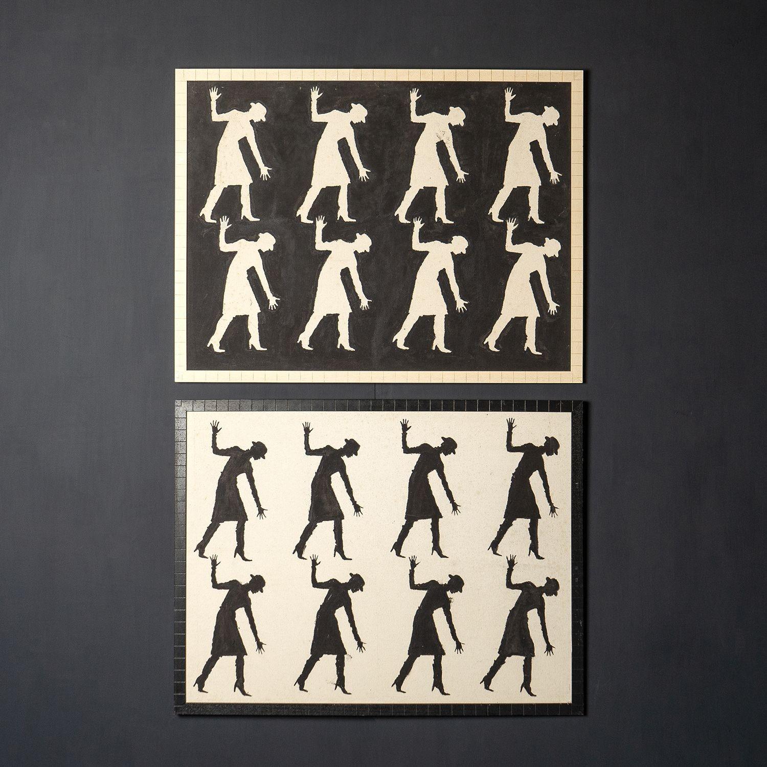 Vintage mid-century original framed paintings
A repetition of a female dancing figure with a bowler hat and high-heeled boots.
 
Black pigment on canvas laid to board.
 
In corresponding notched monochrome painted wooden frames.
 
They are in