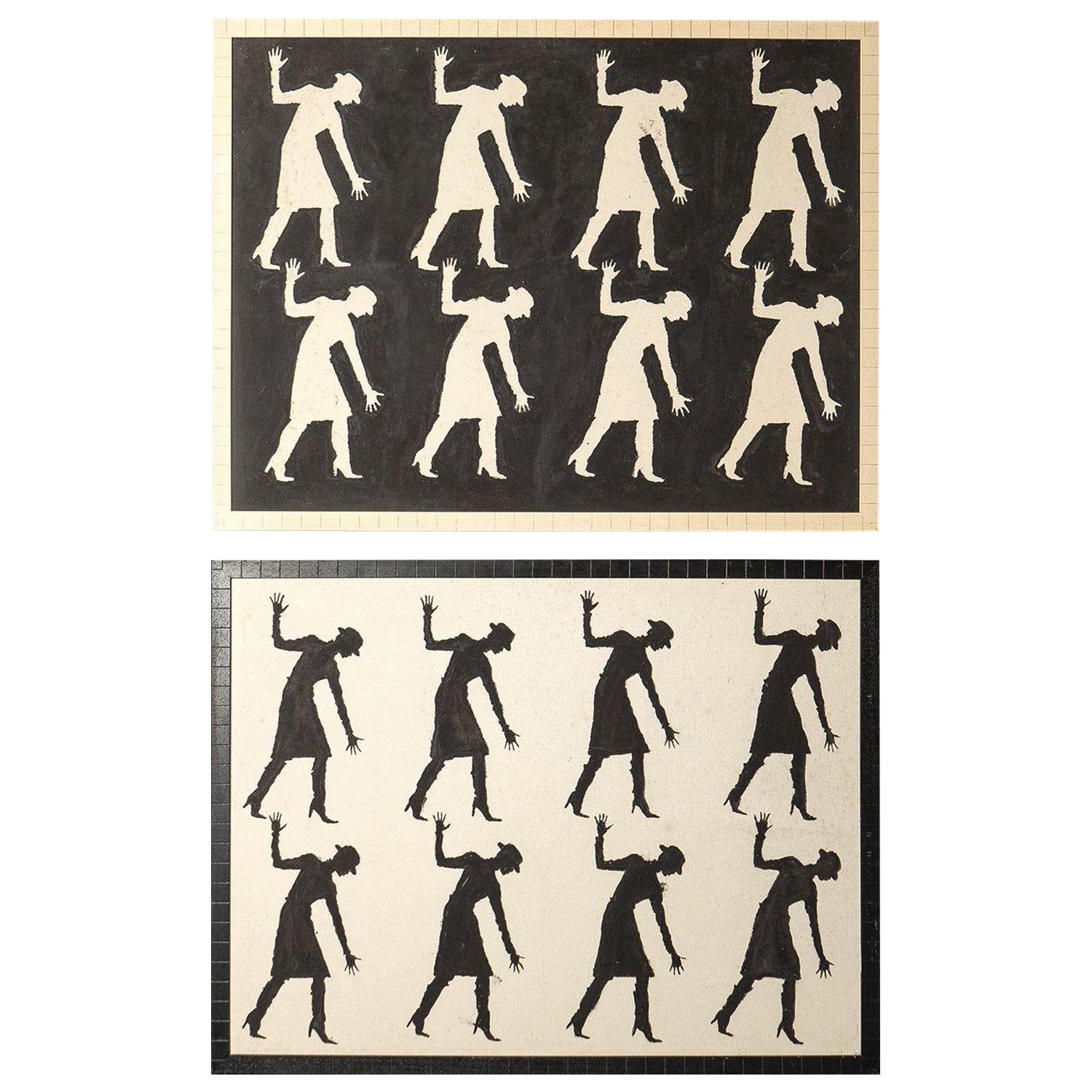 Pair of Large Monochrome Silhouette Paintings, Belgian, C. 1970s