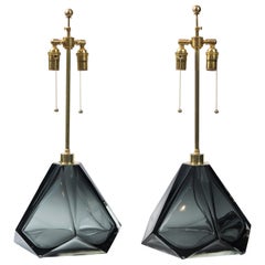 Pair of Large Murano Diamond Faceted Warm Grey Glass Lamps, Contemporary, Signed