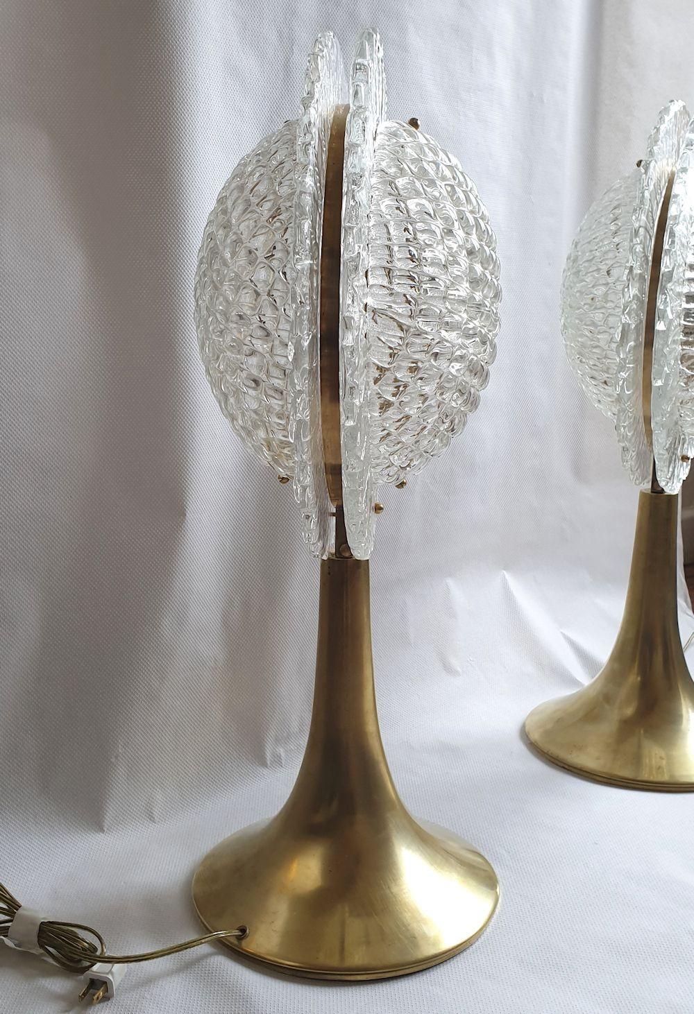 Mid-Century Modern Pair of Large Murano Glass and Brass Table Lamps