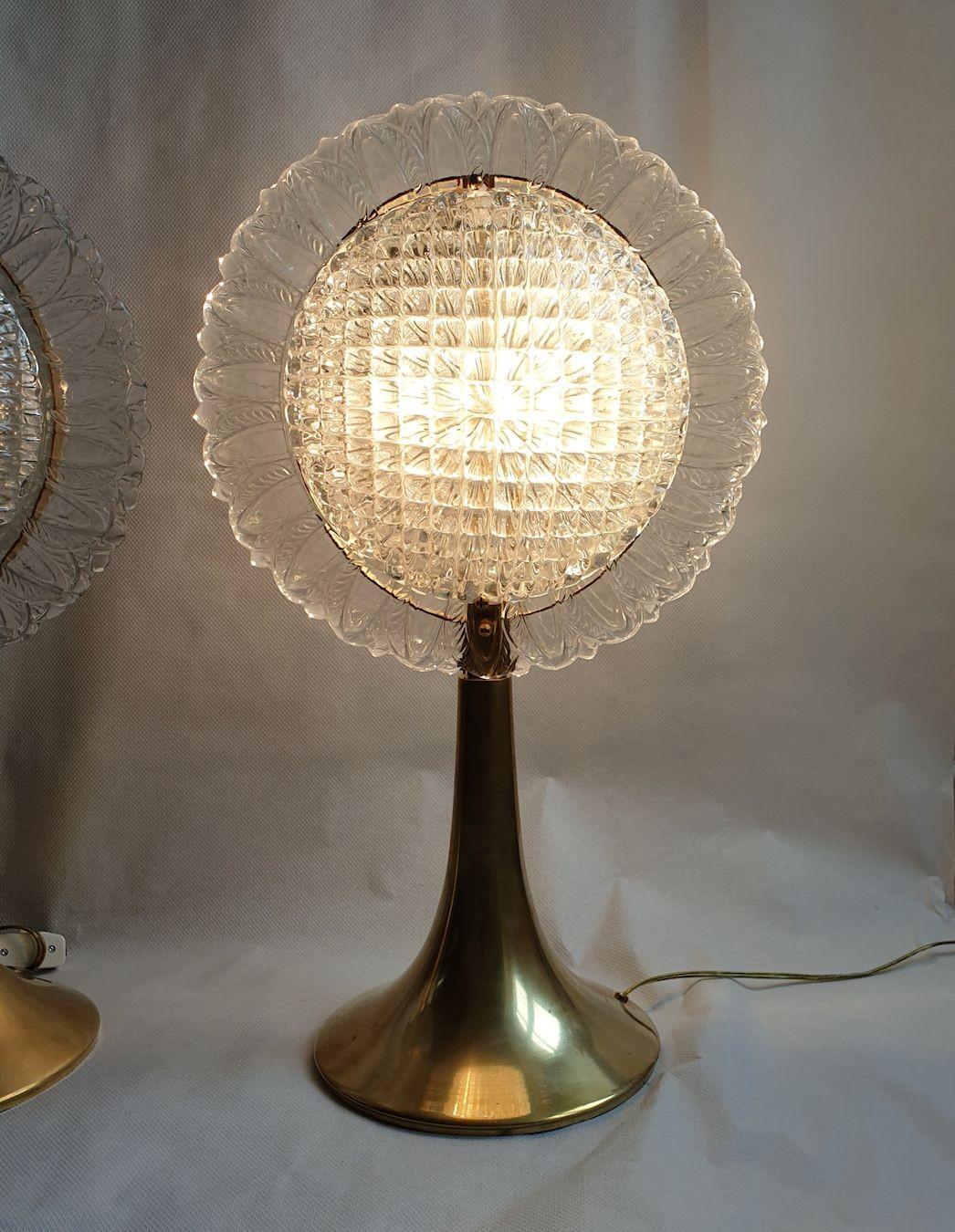 Italian Pair of Large Murano Glass and Brass Table Lamps