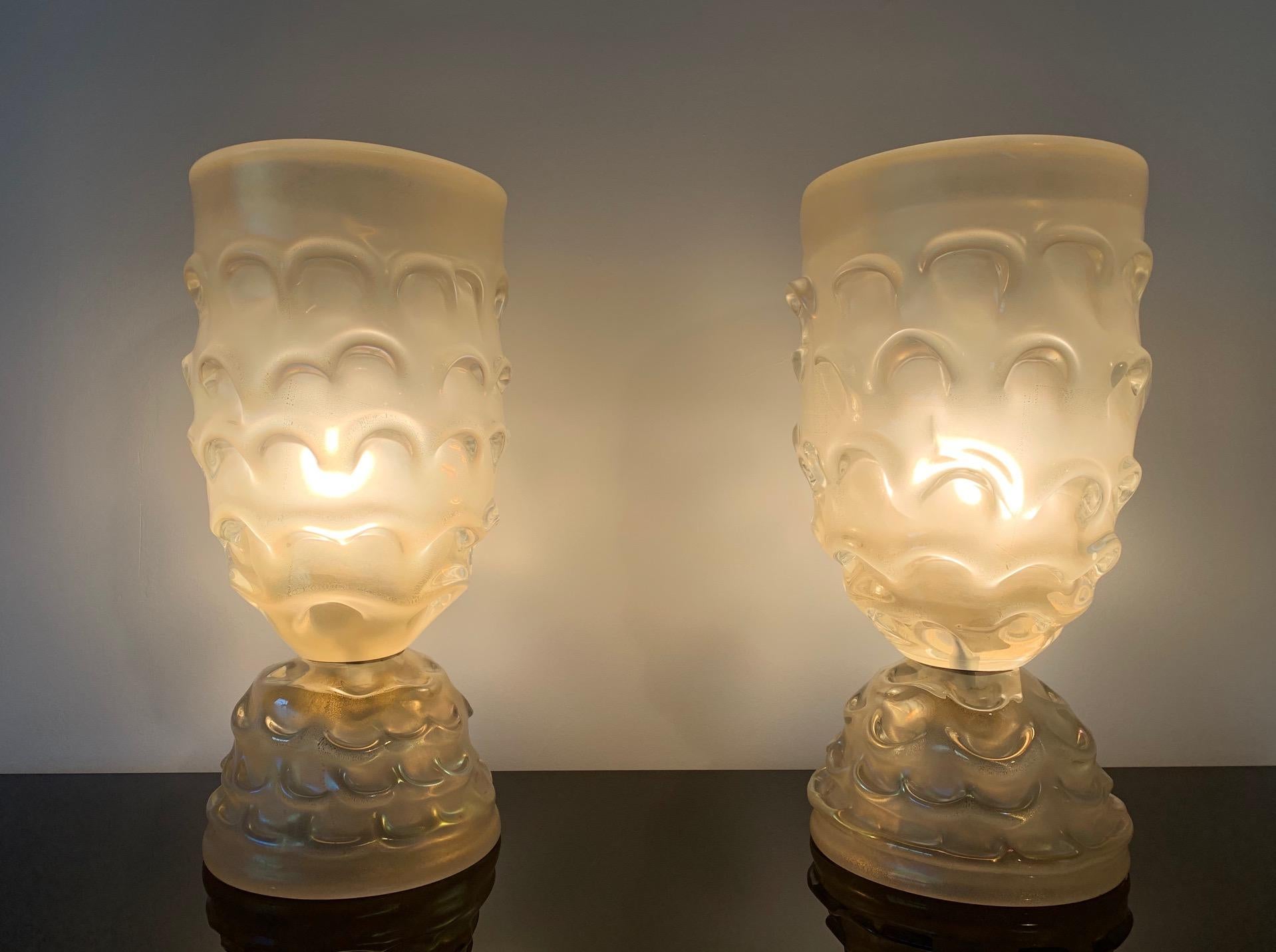 This pair of large vase or urn lamps was produced in 2018 in Murano, Italy.