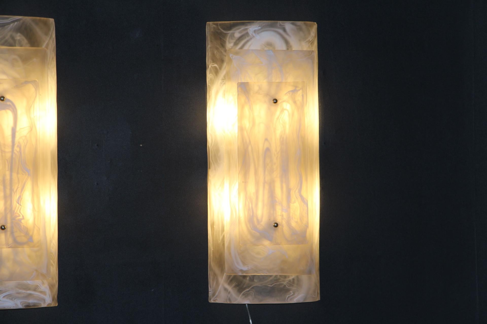 Italian Pair of Large Murano Glass Wall Lights in Alabaster Decor, Long Wall Lights For Sale