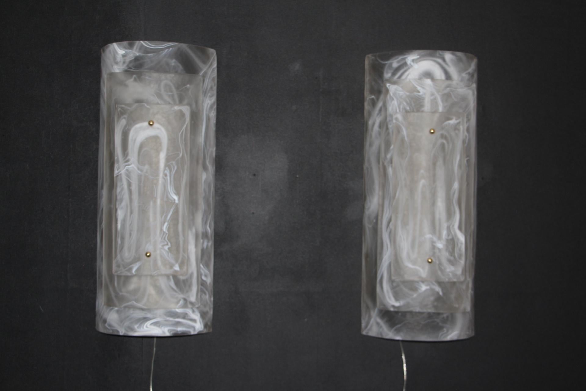 Pair of Large Murano Glass Wall Lights in Alabaster Decor, Long Wall Lights For Sale 2
