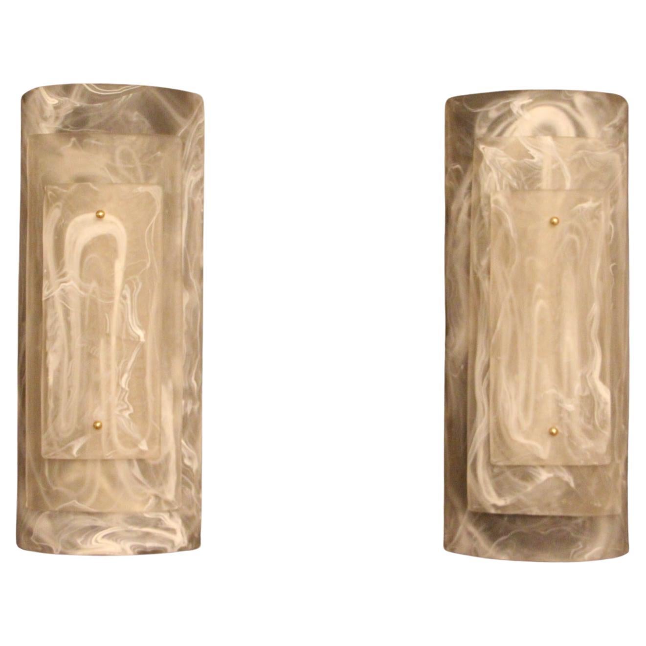 Pair of Large Murano Glass Wall Lights in Alabaster Decor, Long Wall Lights For Sale