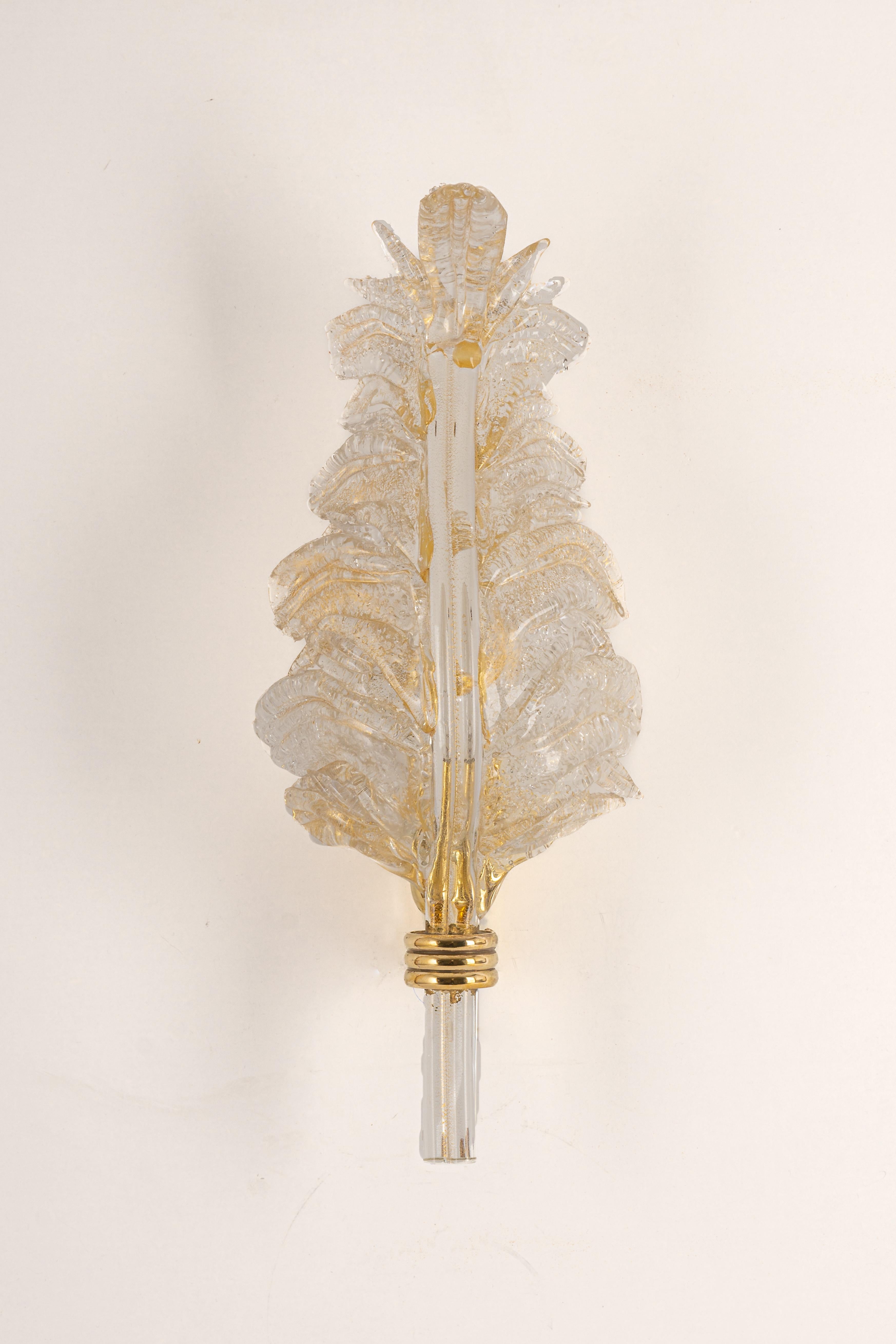 Brass Pair of Large Murano Glass Wall Sconce by Barovier & Toso, Italy, 1970s