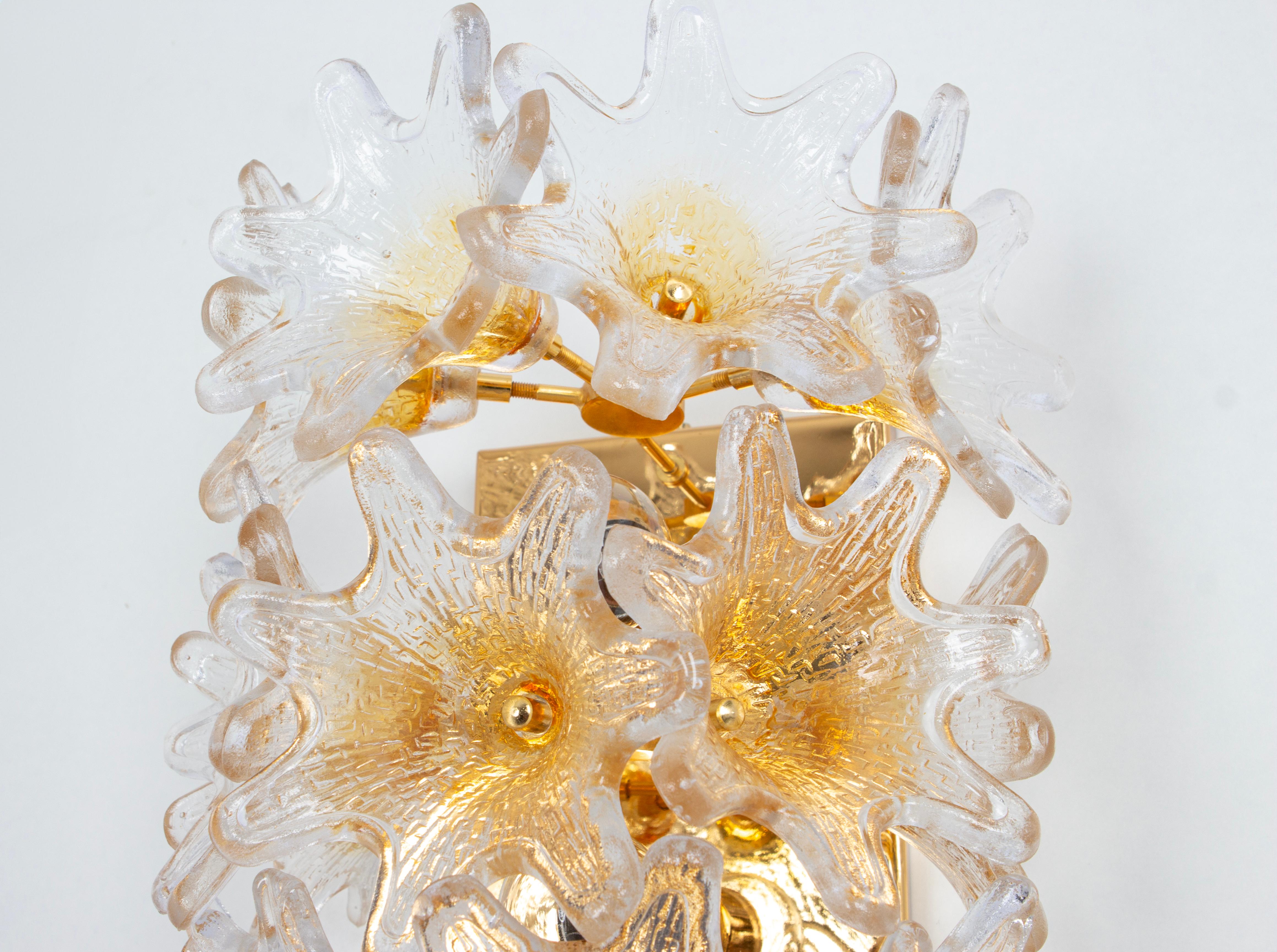 Brass Pair of Large Murano Glass Wall Sconce by VeArt, Italy, 1980s For Sale