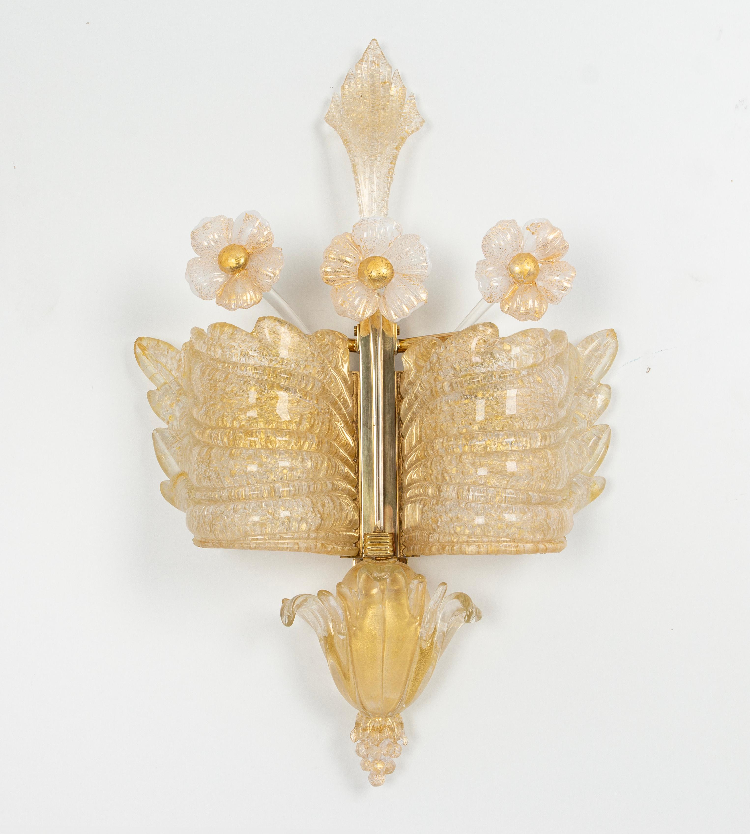 Italian Pair of Large Murano Glass Wall Sconces by Barovier & Toso, Italy, 1970s For Sale