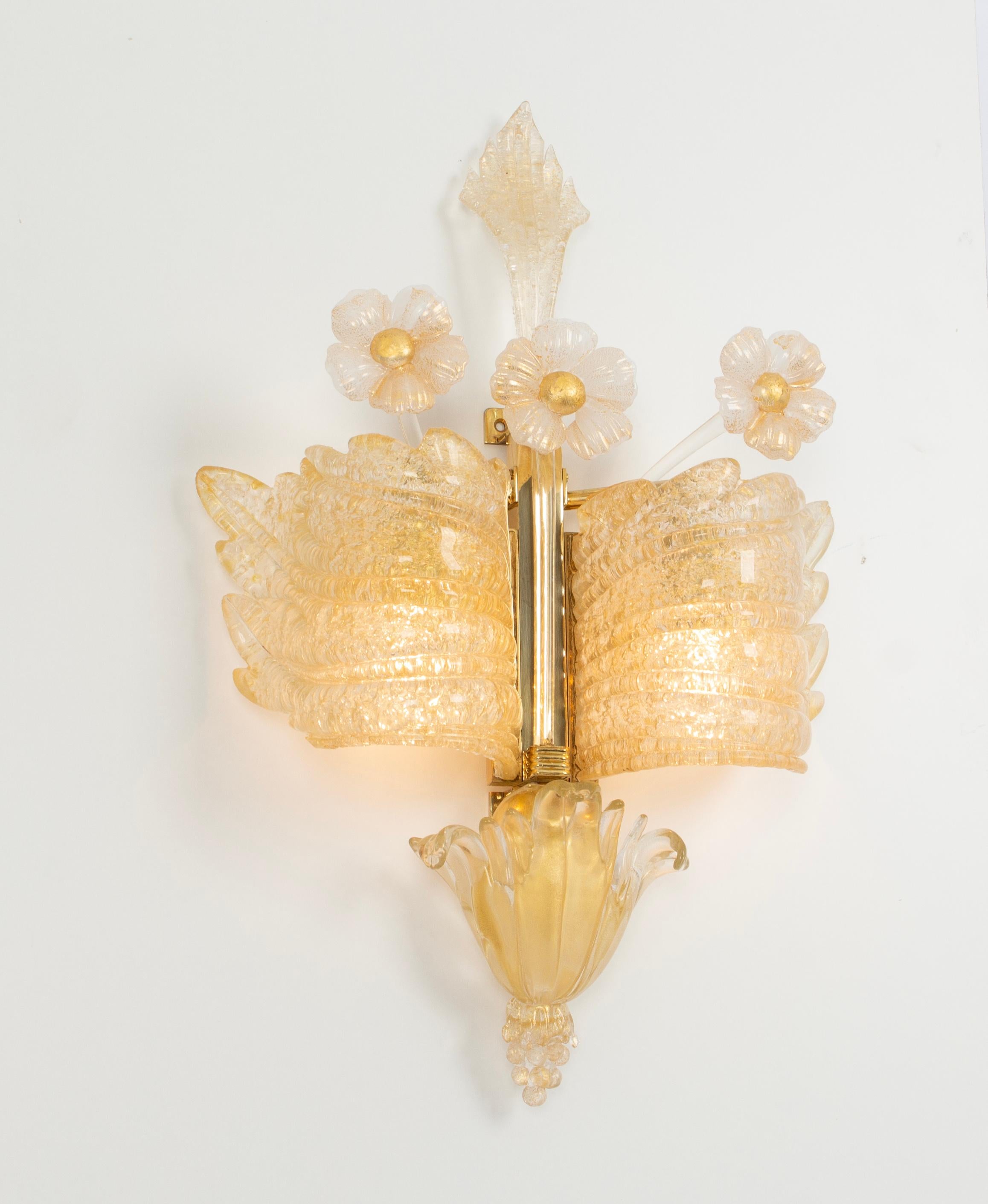 Pair of Large Murano Glass Wall Sconces by Barovier & Toso, Italy, 1970s For Sale 3