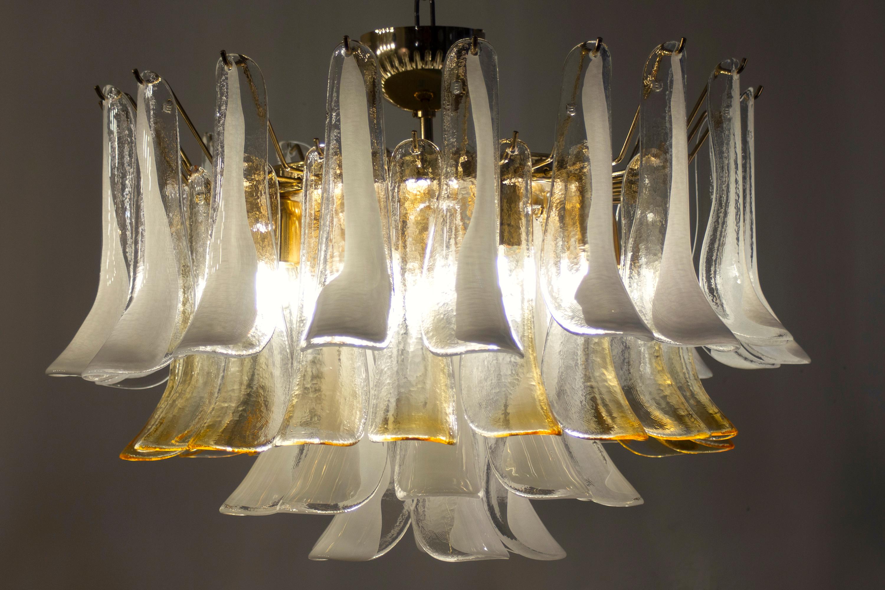 Late 20th Century Pair of Large Murano Glass White and Amber Tulip Chandelier Italy 1970' For Sale