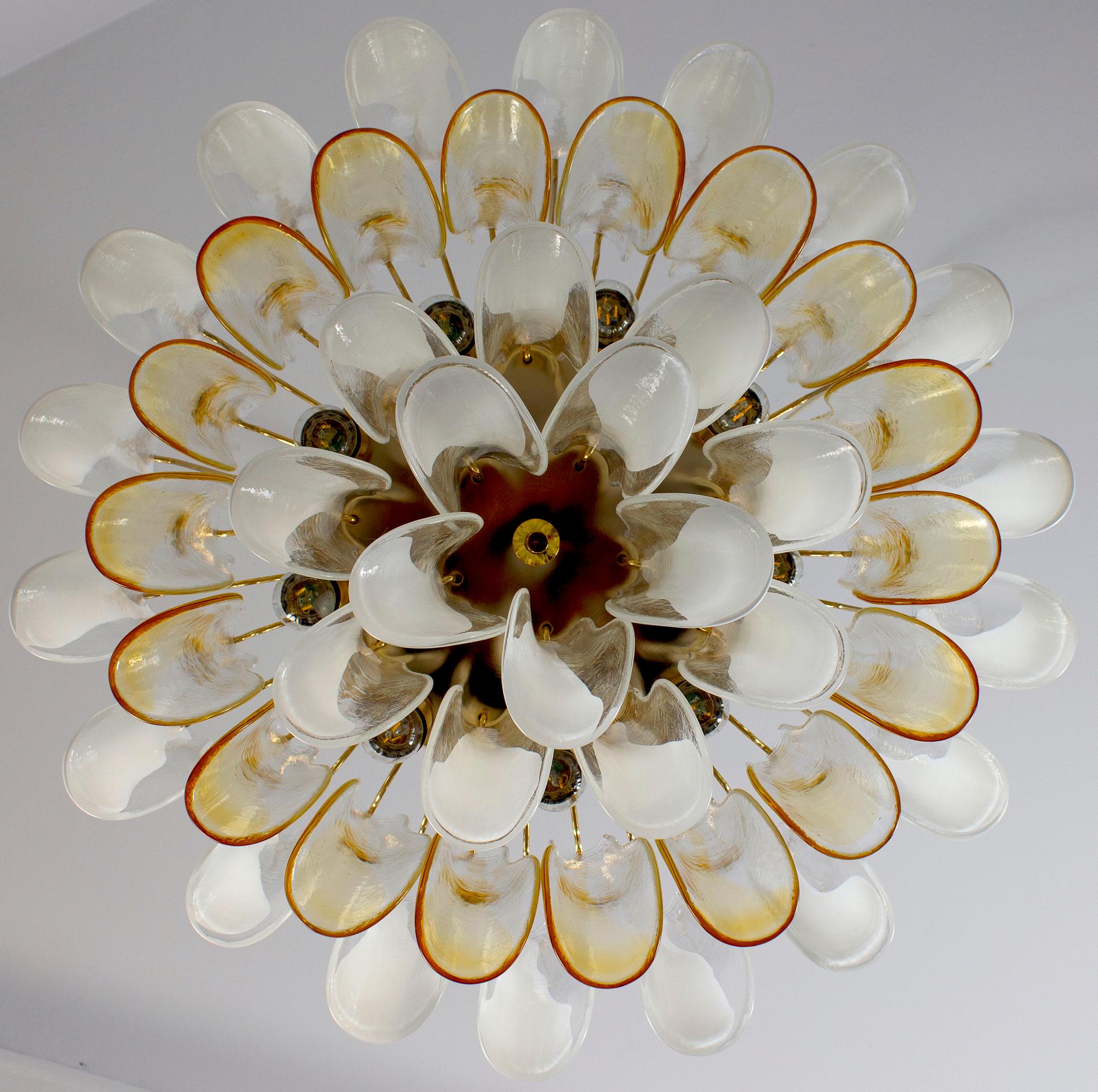 Pair of Large Murano Glass White and Amber Tulip Chandelier Italy 1970' For Sale 2