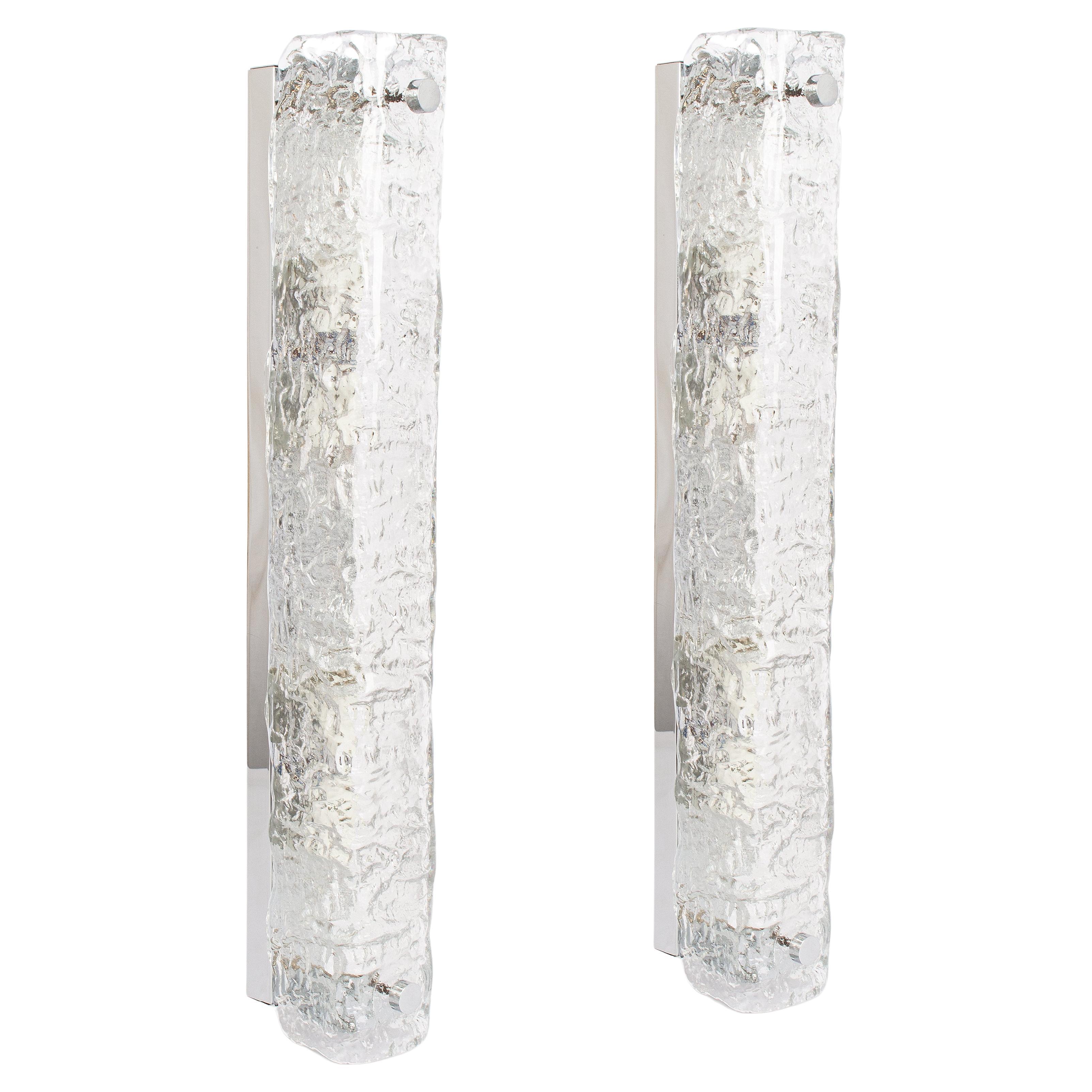 Pair of Large Murano Ice Glass Sconces Modernist Wall Fixtures, Germany, 1960s For Sale