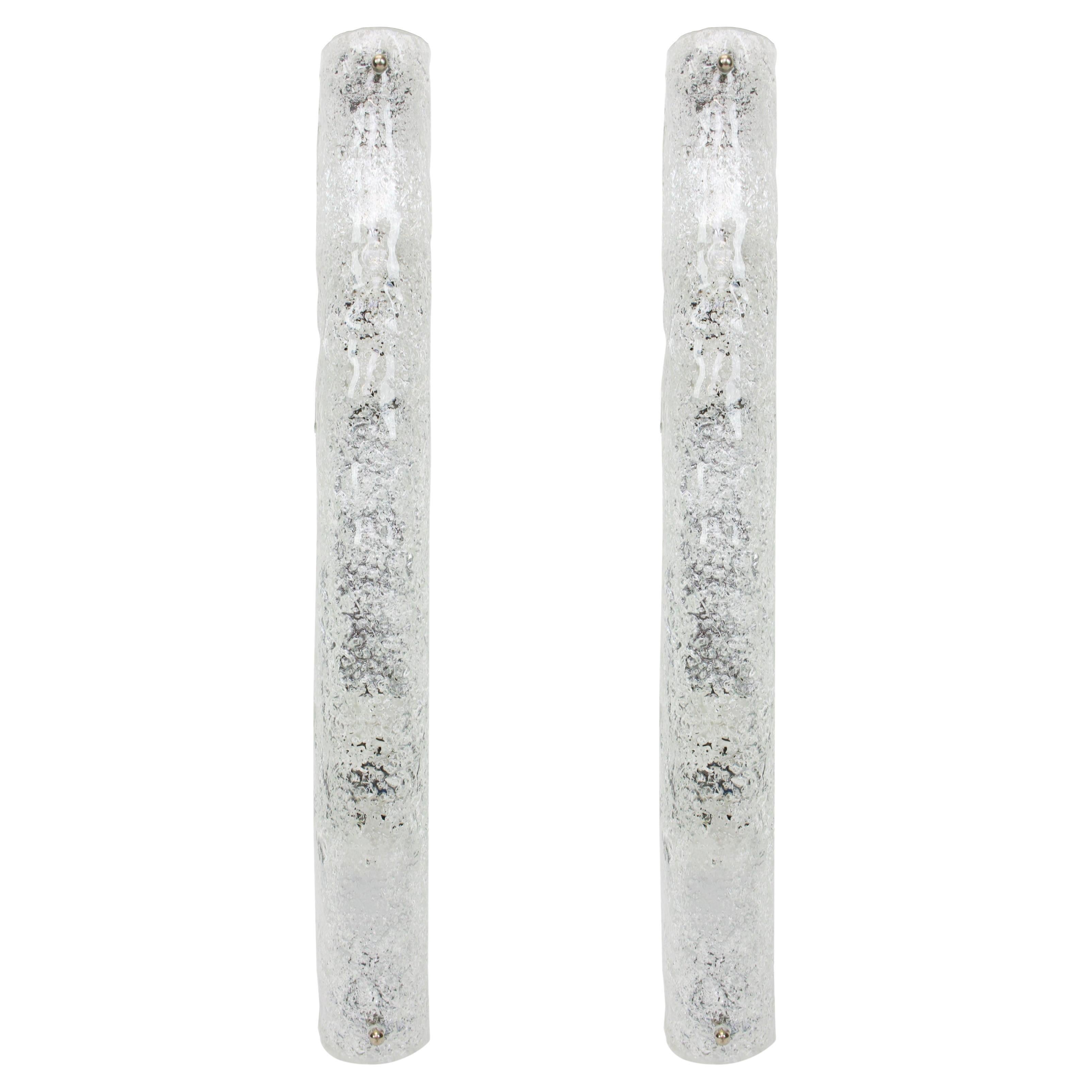 Pair of Large Murano Ice Glass Sconces Modernist Wall Fixtures, Germany, 1960s For Sale