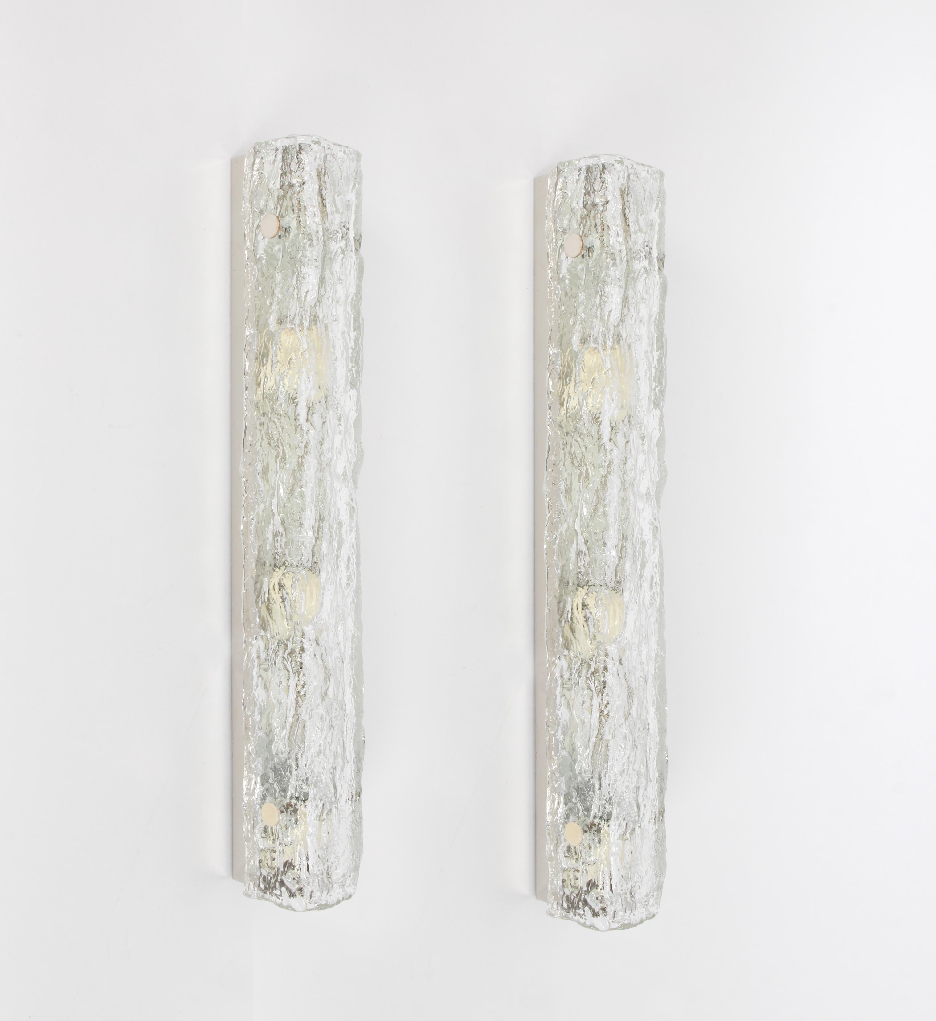 Murano Glass Pair of Large Murano Ice Glass Vanity Sconces by Kaiser, Germany, 1970s