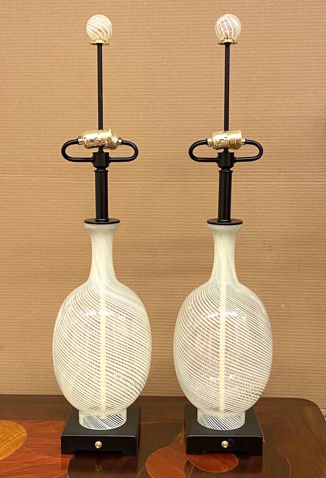 Mid-Century Modern Pair of Large Murano, Italy Clear & White Stripe Glass Table Lamps, 1960s