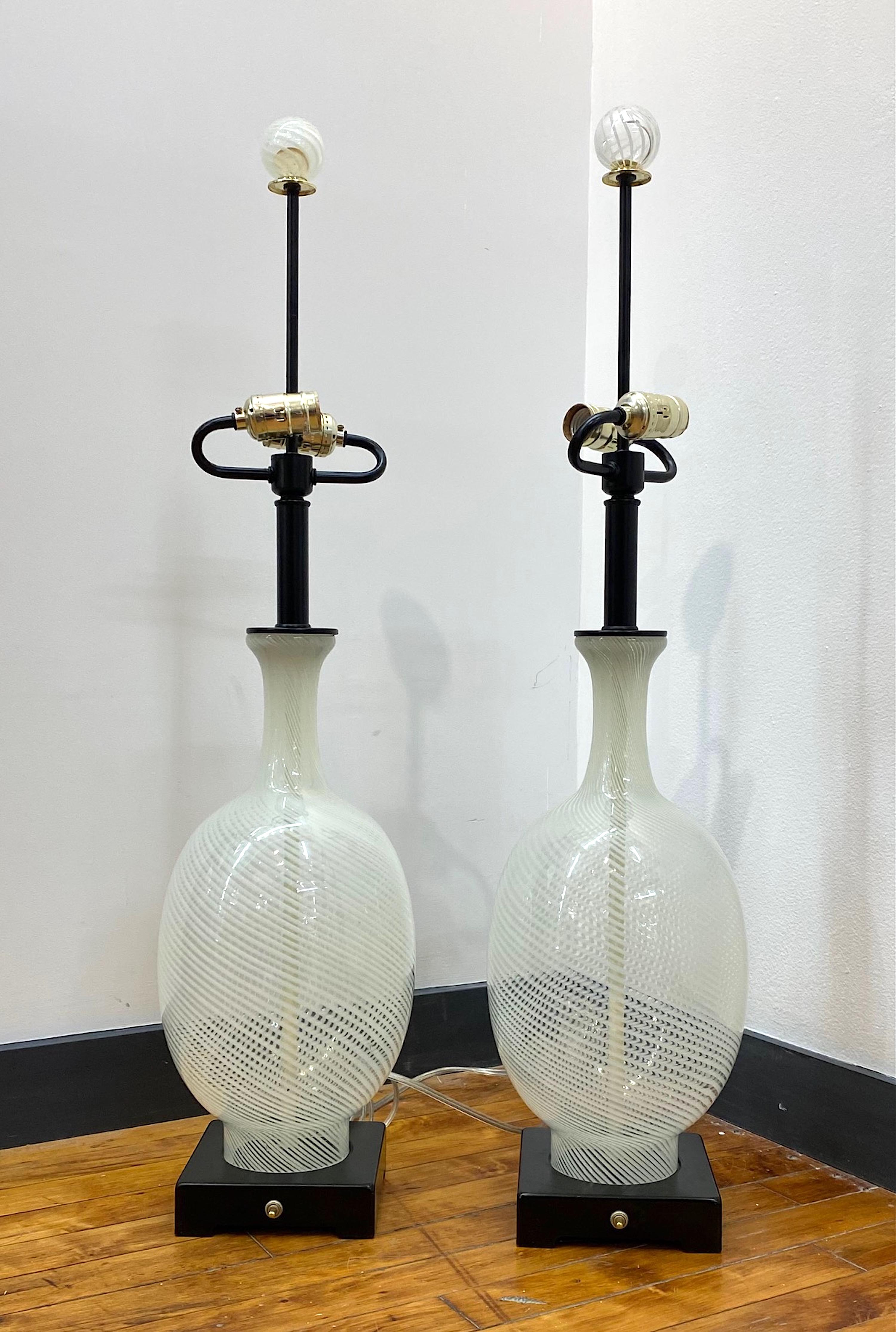 Pair of Large Murano, Italy Clear & White Stripe Glass Table Lamps, 1960s 1