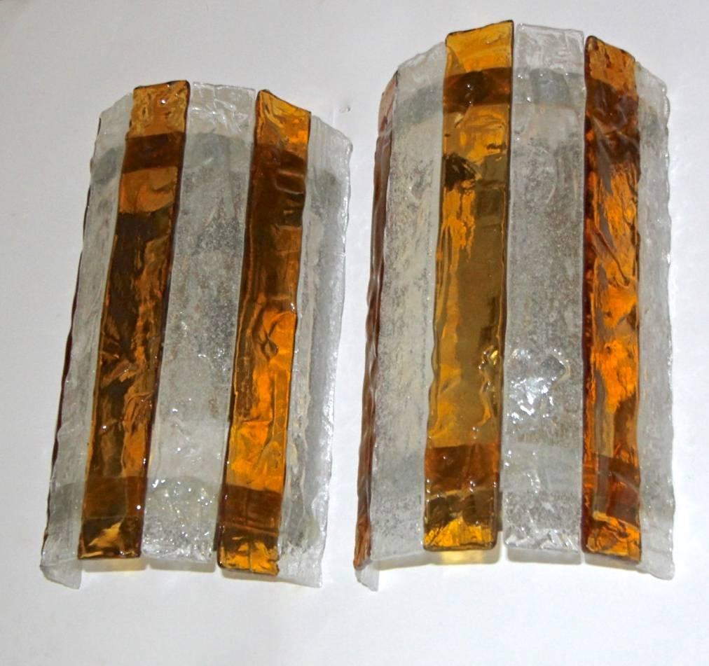 Pair of Large Murano Mazzega Amber and Clear Glass Wall Sconces 4