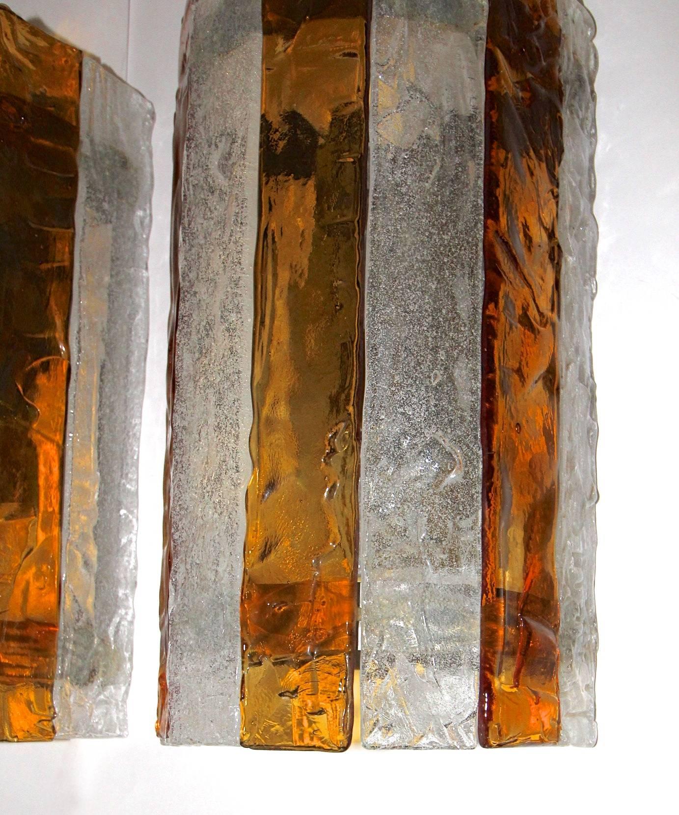 Pair of Large Murano Mazzega Amber and Clear Glass Wall Sconces 5
