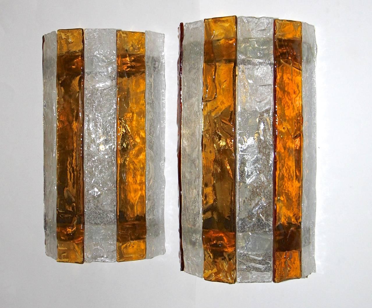 Pair of Large Murano Mazzega Amber and Clear Glass Wall Sconces 6