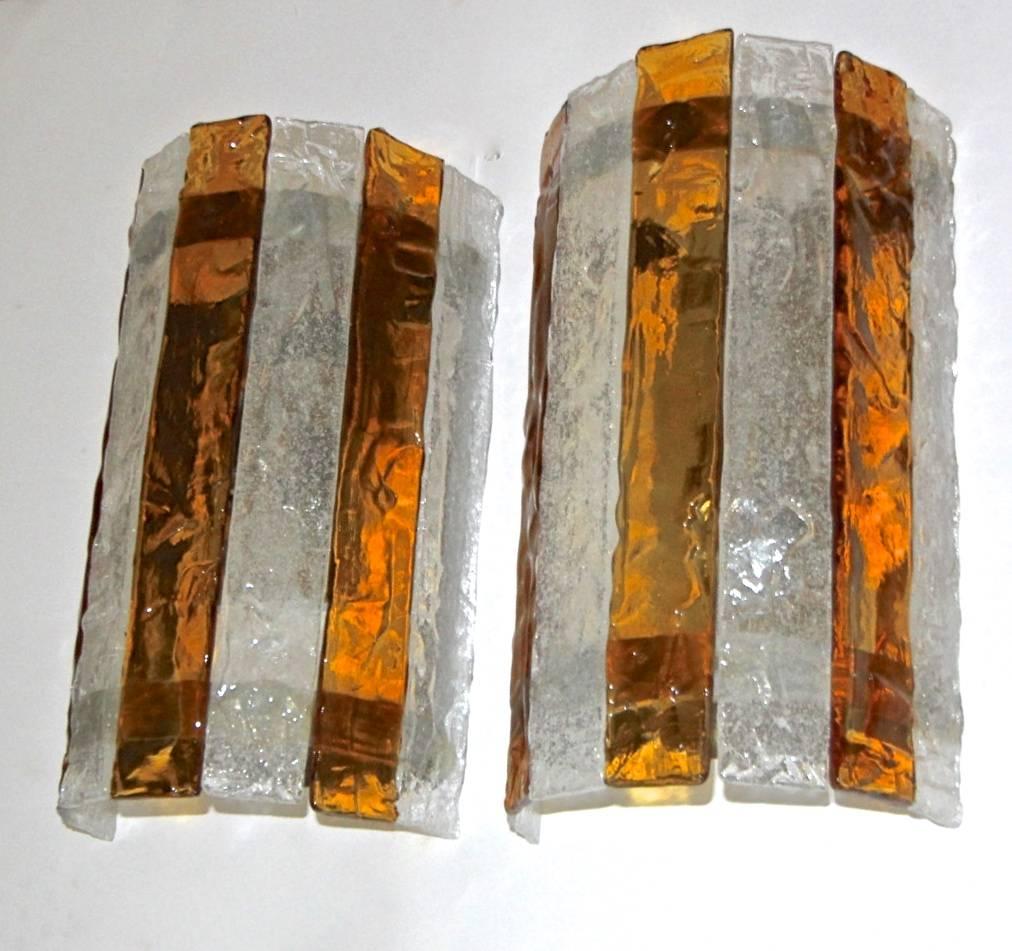 Pair of Large Murano Mazzega Amber and Clear Glass Wall Sconces 11