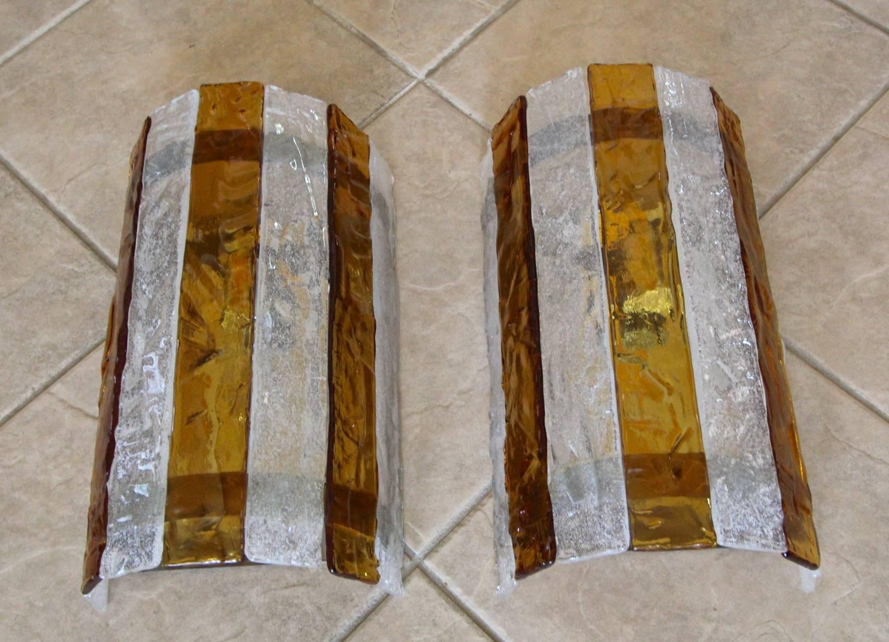 Mid-20th Century Pair of Large Murano Mazzega Amber and Clear Glass Wall Sconces