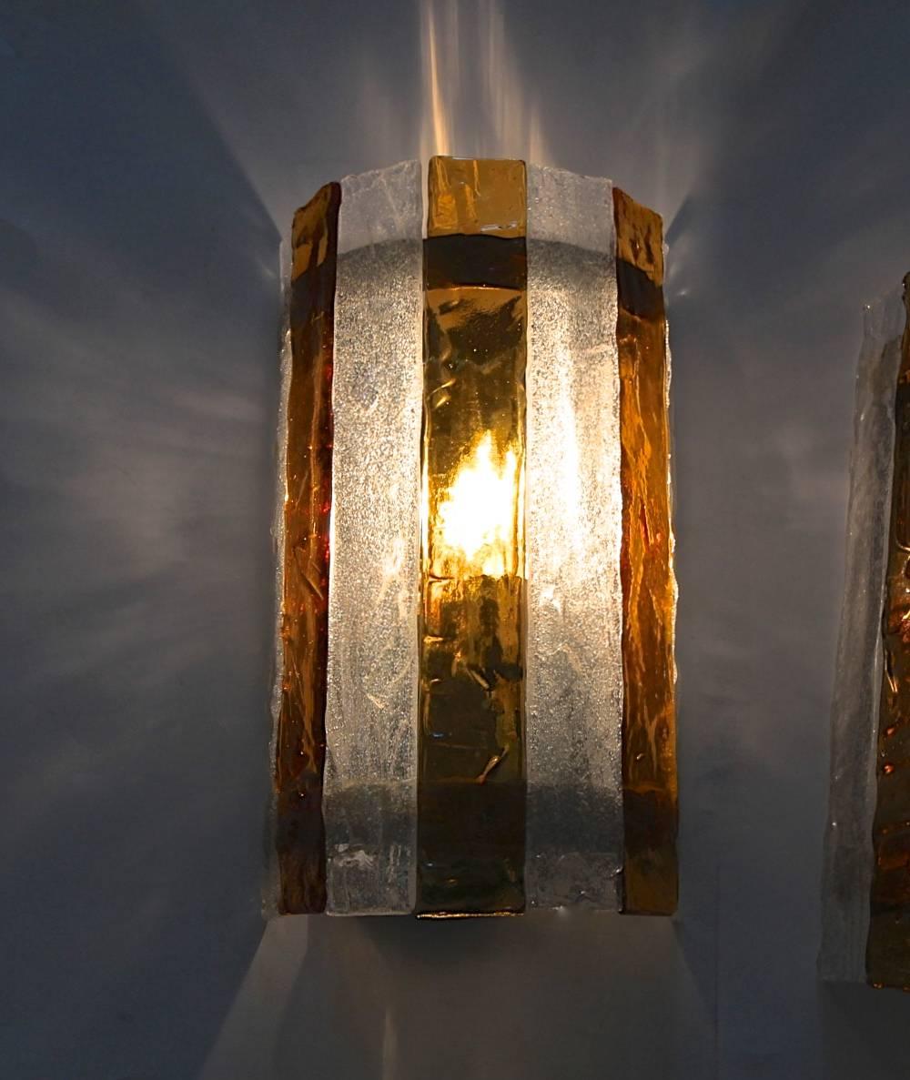 Metal Pair of Large Murano Mazzega Amber and Clear Glass Wall Sconces