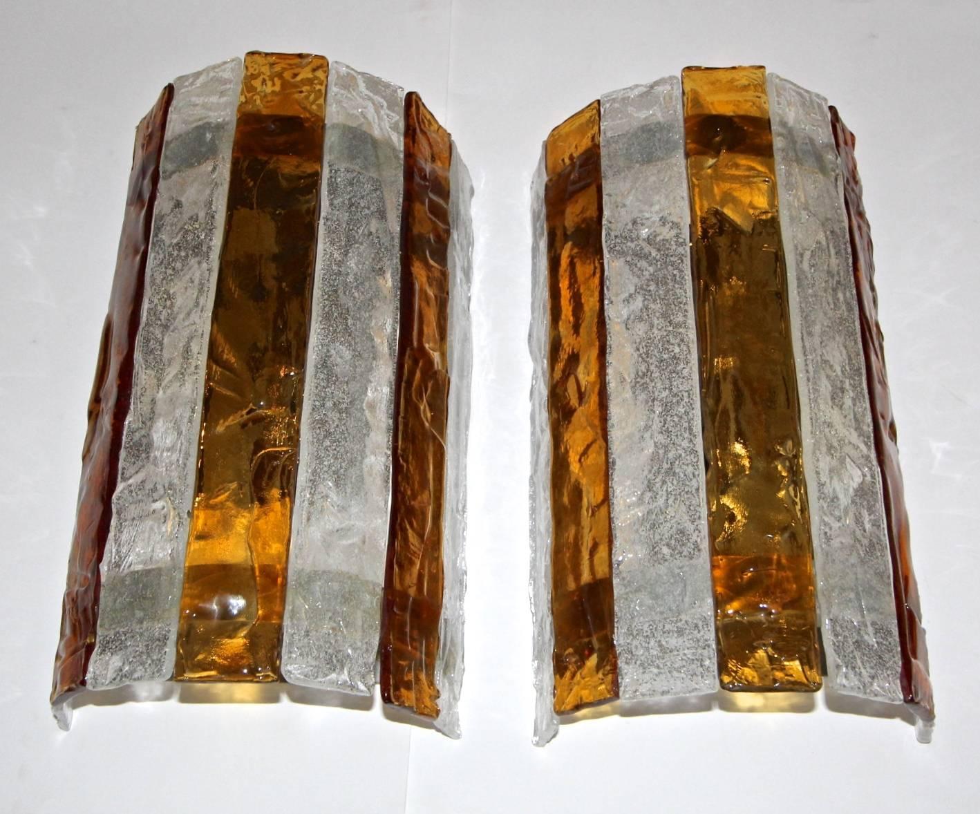 Pair of Large Murano Mazzega Amber and Clear Glass Wall Sconces 3