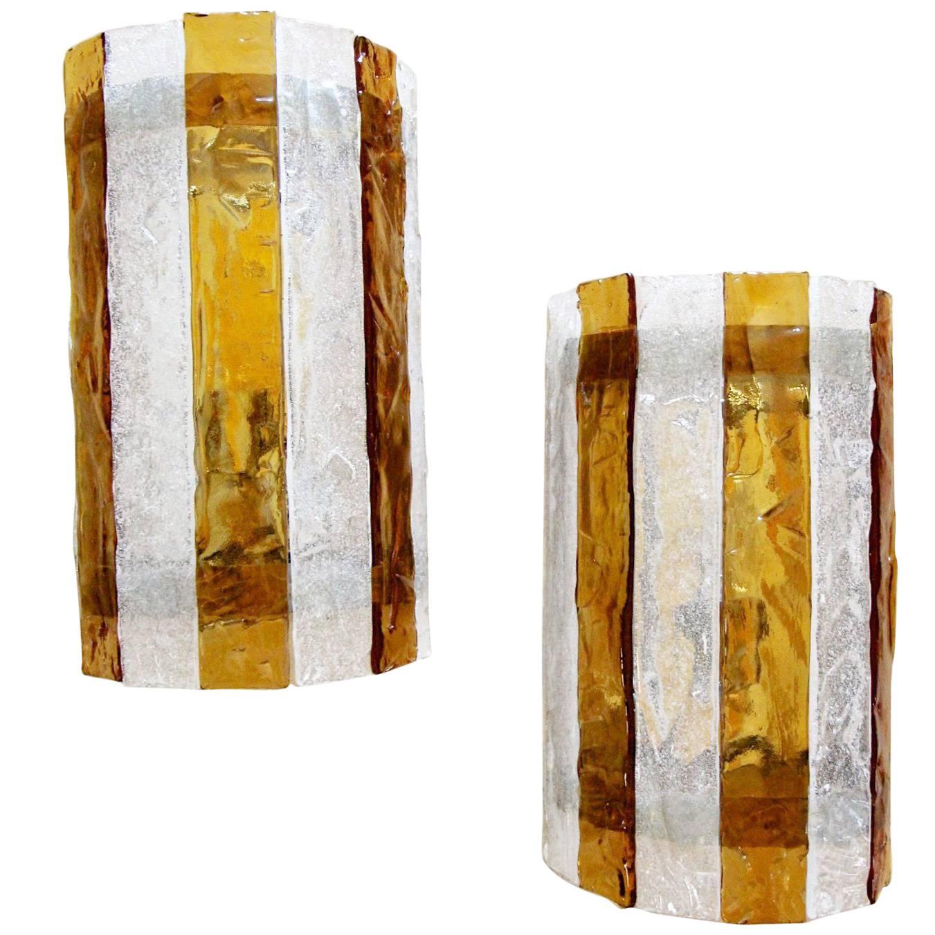 Pair of Large Murano Mazzega Amber and Clear Glass Wall Sconces