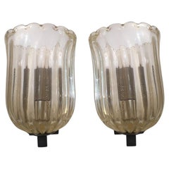 Pair of Large Murano Sconces with Gold Fleck Glass Hurricane Aged Brass Hardware