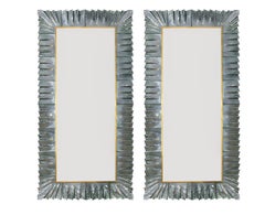 Pair of Large Murano Sea Green Teal Glass and Brass Framed Mirror, in Stock