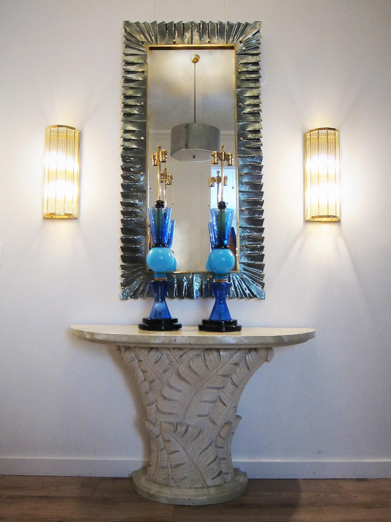Pair of Large Murano Sea Green Teal Glass and Brass Framed Mirror, in Stock In Excellent Condition For Sale In Miami, FL